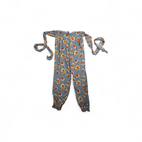 Chloah Pants - CHLOAH Floral Off Shoulder Jumpsuit Gray Yellow Orange Size M Sleeveless